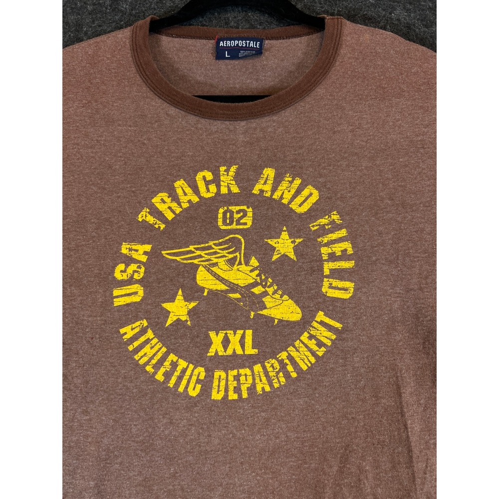 Vintage Aeropostale Mens USA Track Field Ringer T-Shirt Brown Graphic Tee Large